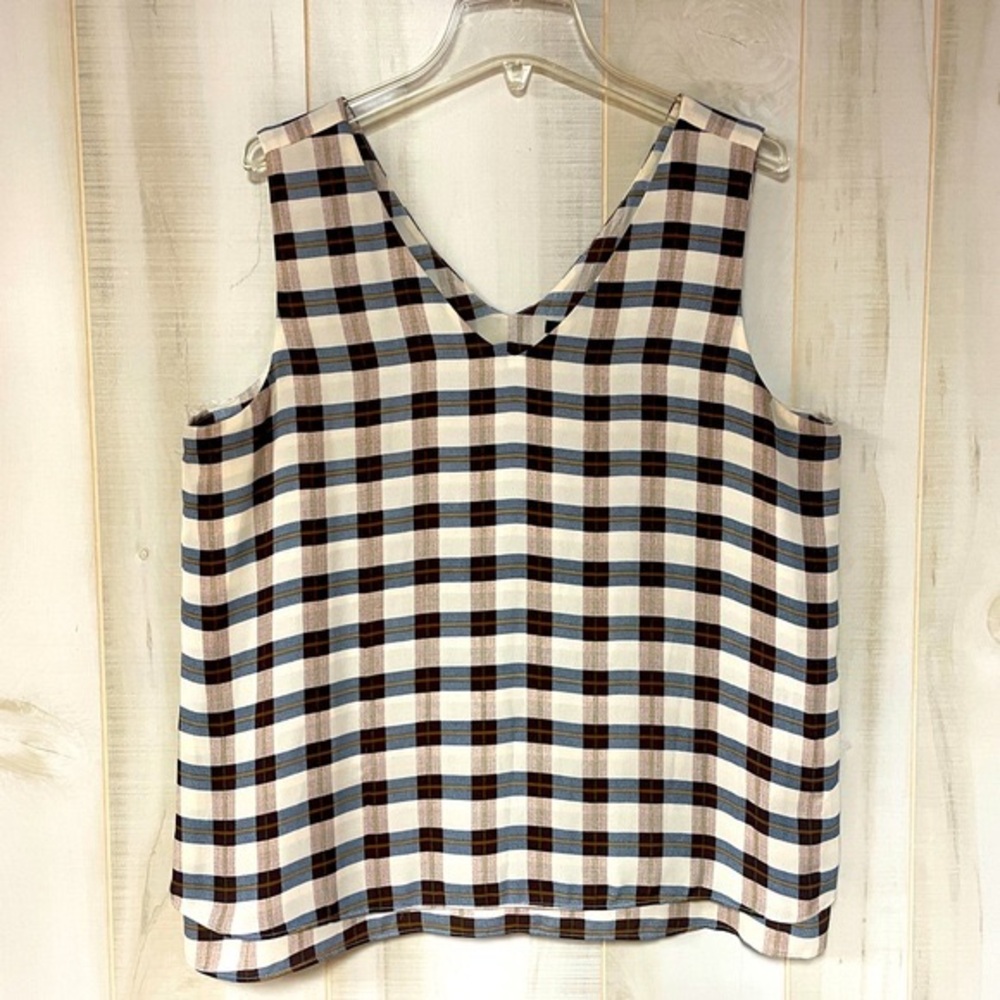 Ann Taylor Factory Brown Blue Beige Plaid V Neck Layered Hem Tank Top Sz L - Picture 2 of 5
